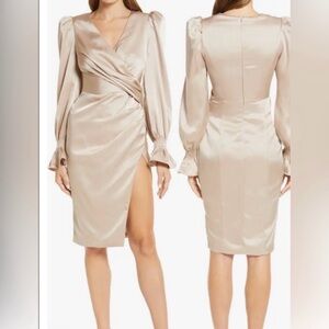 Lavish Alice Champagne Satin Wrap Midi Dress